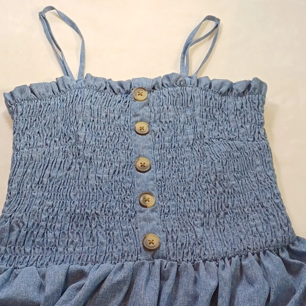 love by chesley chambray prairie smocked sundress button front spaghetti strap l - Picture 12 of 14